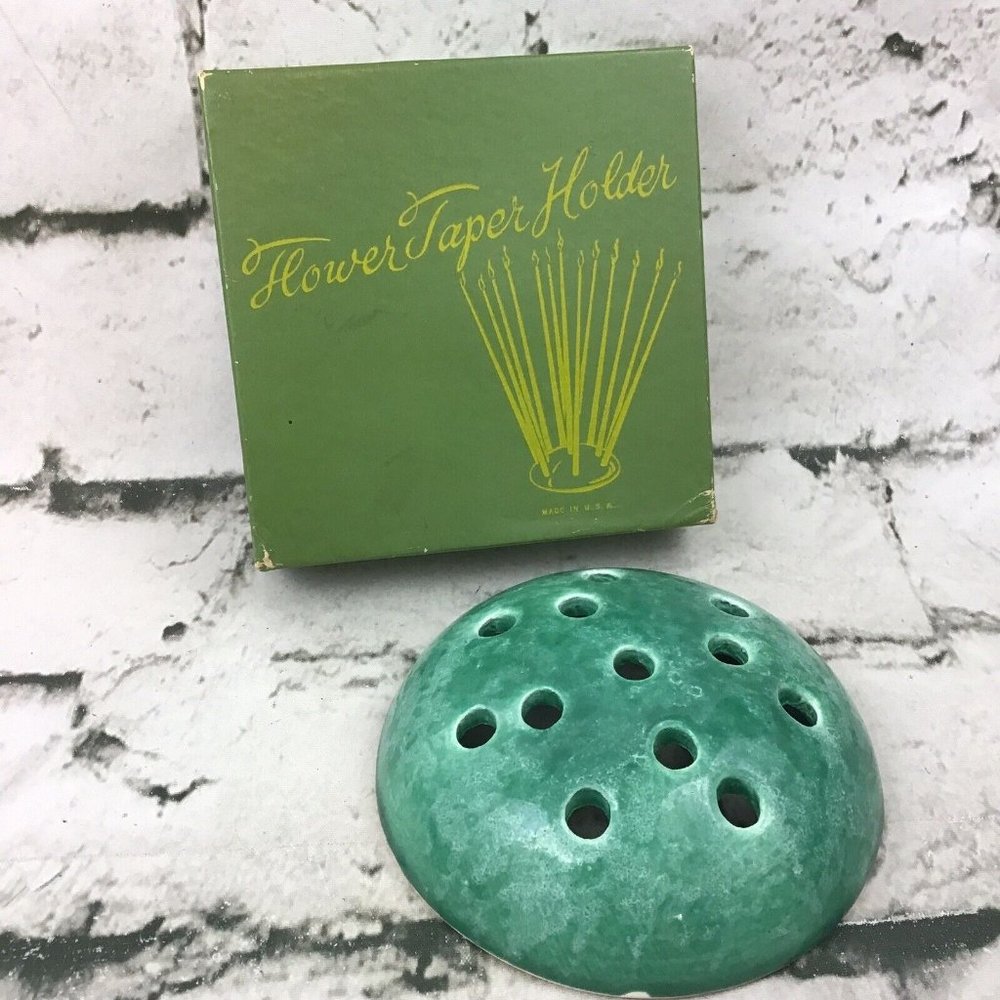 Vintage Flower Taper Candle Holder Green Round Ceramic Collectible Decor